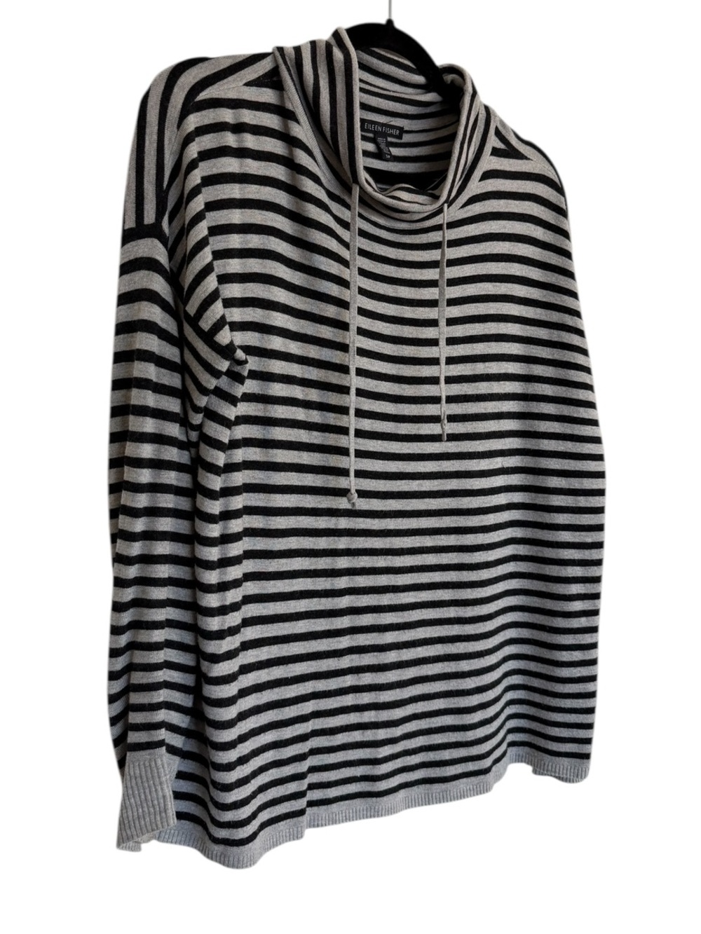 Eileen Fisher Gray/Black Striped Mock Neck Drawstring Sweater